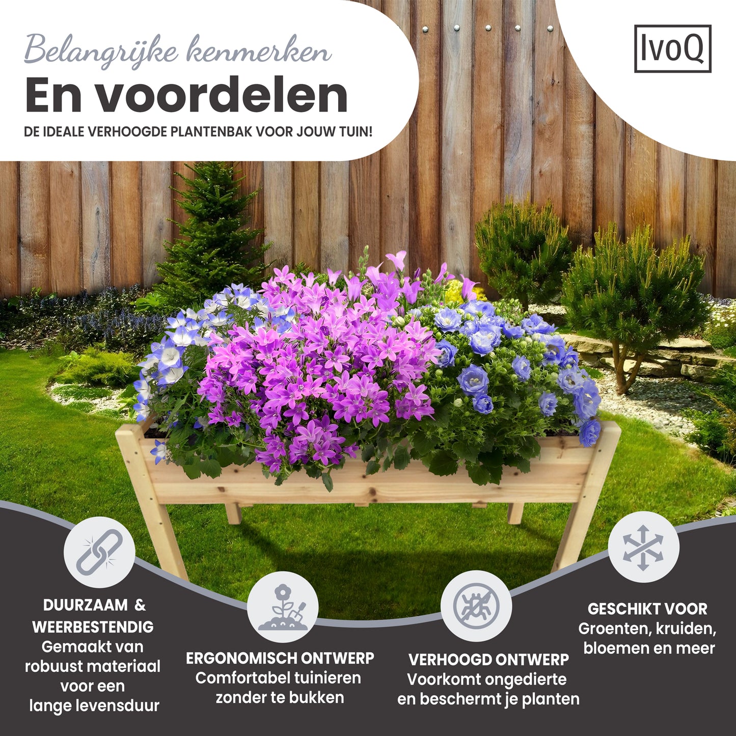 IvoQ Plantenbak op Poten – Houten Plantenbak – Met Drainage – Ideaal voor Balkon, Tuin & Terras – Voor Kruiden, Groenten & Bloemen – FSC Hout