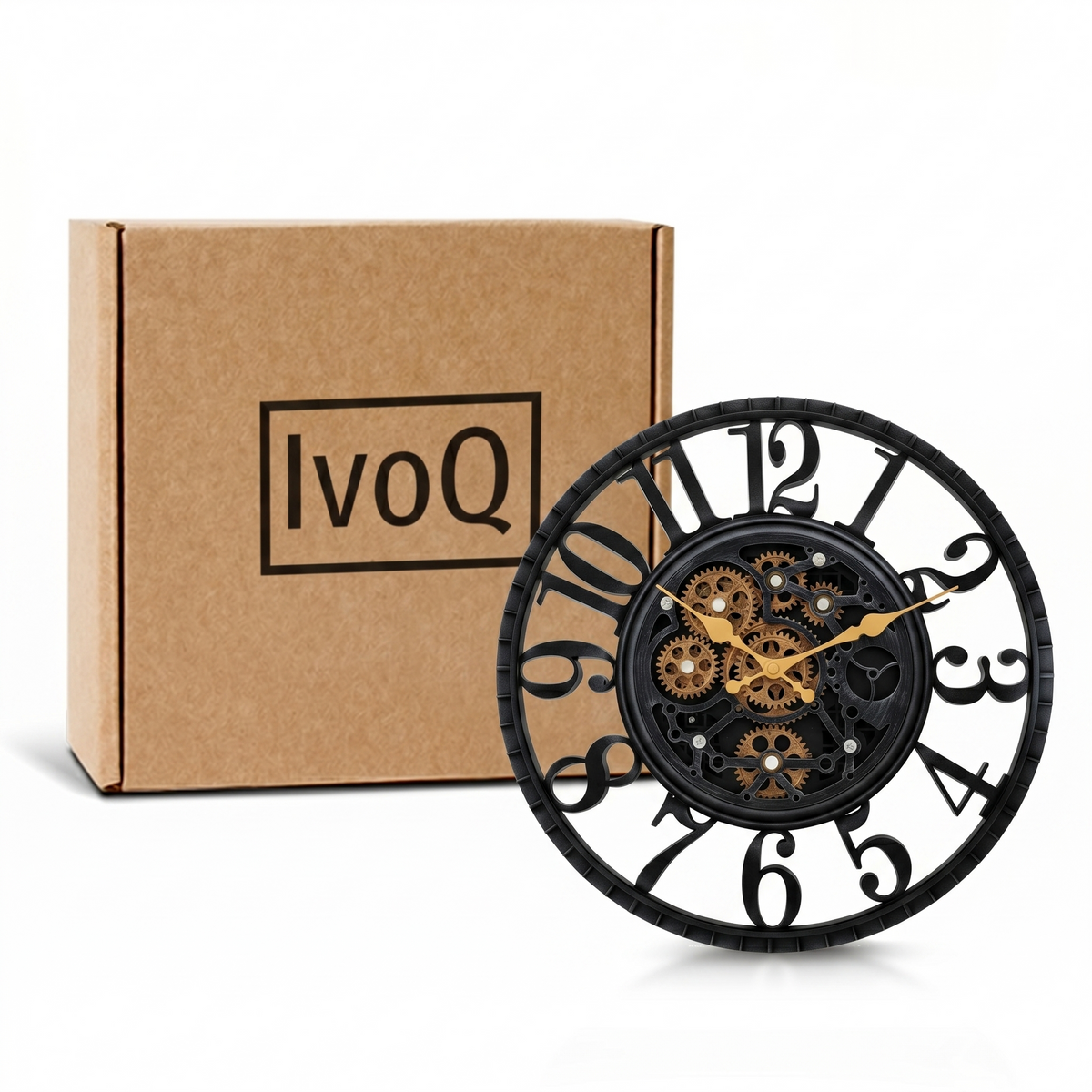 IvoQ Industriële Wandklok met Draaiende Tandwielen - Zwart & Goud - Stoere Muurklok - 40 cm