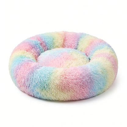 IvoQ Donut Kattenmand – Ø 40 cm – Zacht Pluche Kattenbed voor Katten en Kleine Honden – Regenboog