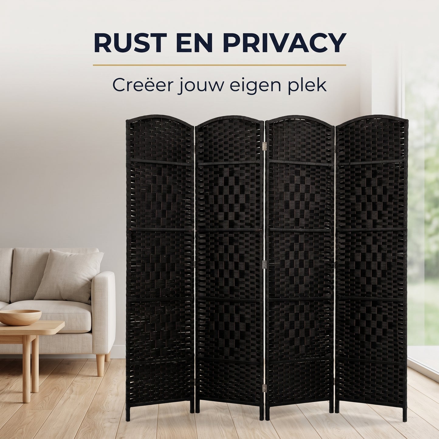 IvoQ Kamerscherm Zwart – Roomdivider – 4 Panelen – 170 x 160 cm