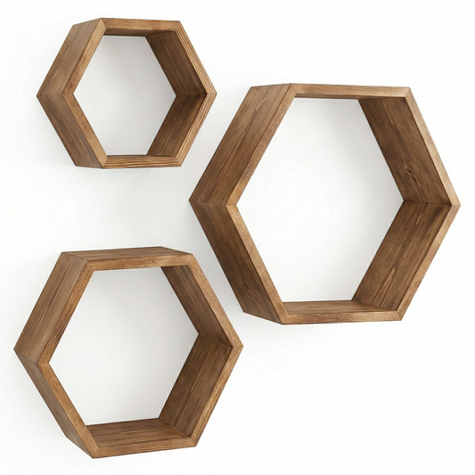 IvoQ Wandplanken Hexagon Set 3 stuks Bruin
