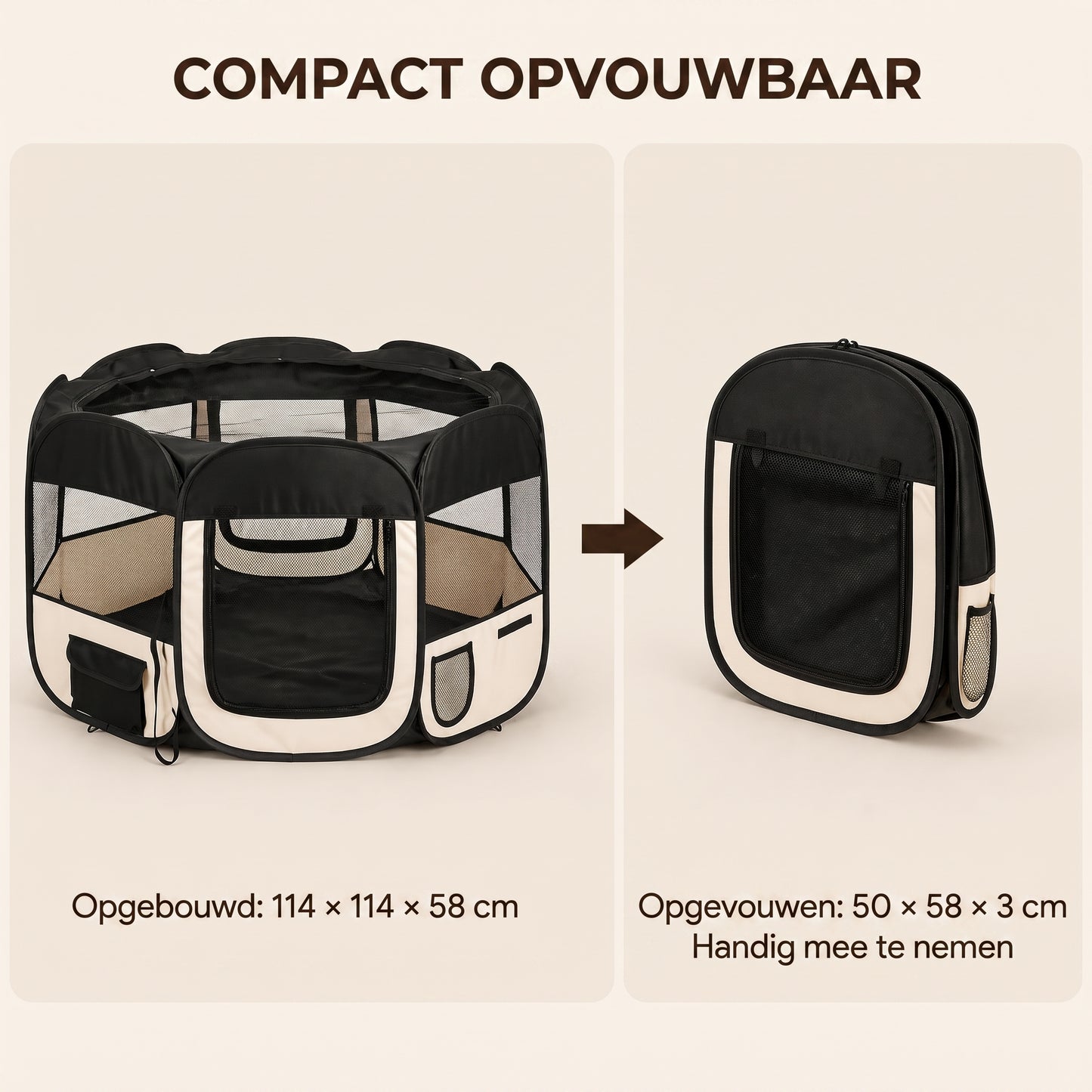 IvoQ Opvouwbare Puppyren met Dak – 114 x 114 x 58 cm – Zwart/Crème