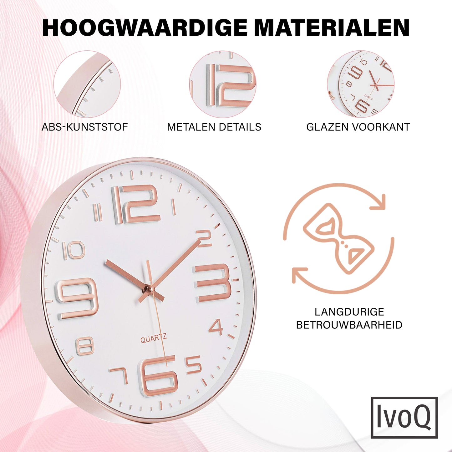 IvoQ Stijlvolle Wandklok - Elegante Witte Quartz Klok met Koperkleurige Accenten - Ideaal voor Elk Modern Interieur