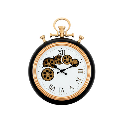 IvoQ Wandklok Retro Zakhorloge Zwart Goud met Bewegende Tandwielen Ø 30 cm