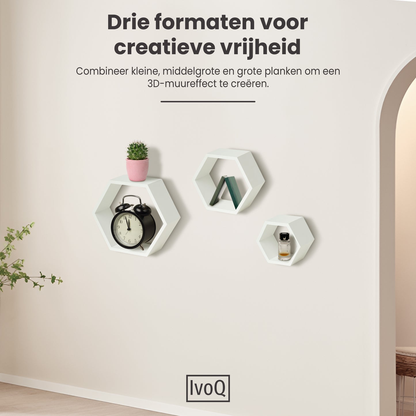 IvoQ Wandplanken Hexagon Set 3 stuks Wit-IvoQ