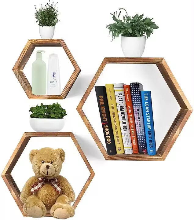 IvoQ Set van 3 Houten Hexagon Wandplanken - Decoratieve Wandplanken - Perfect voor Woonkamer, Slaapkamer & Meer!