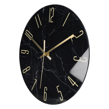 IvoQ Zwarte Marmerlook Wandklok met Gouden Details Glas Ø 30 cm