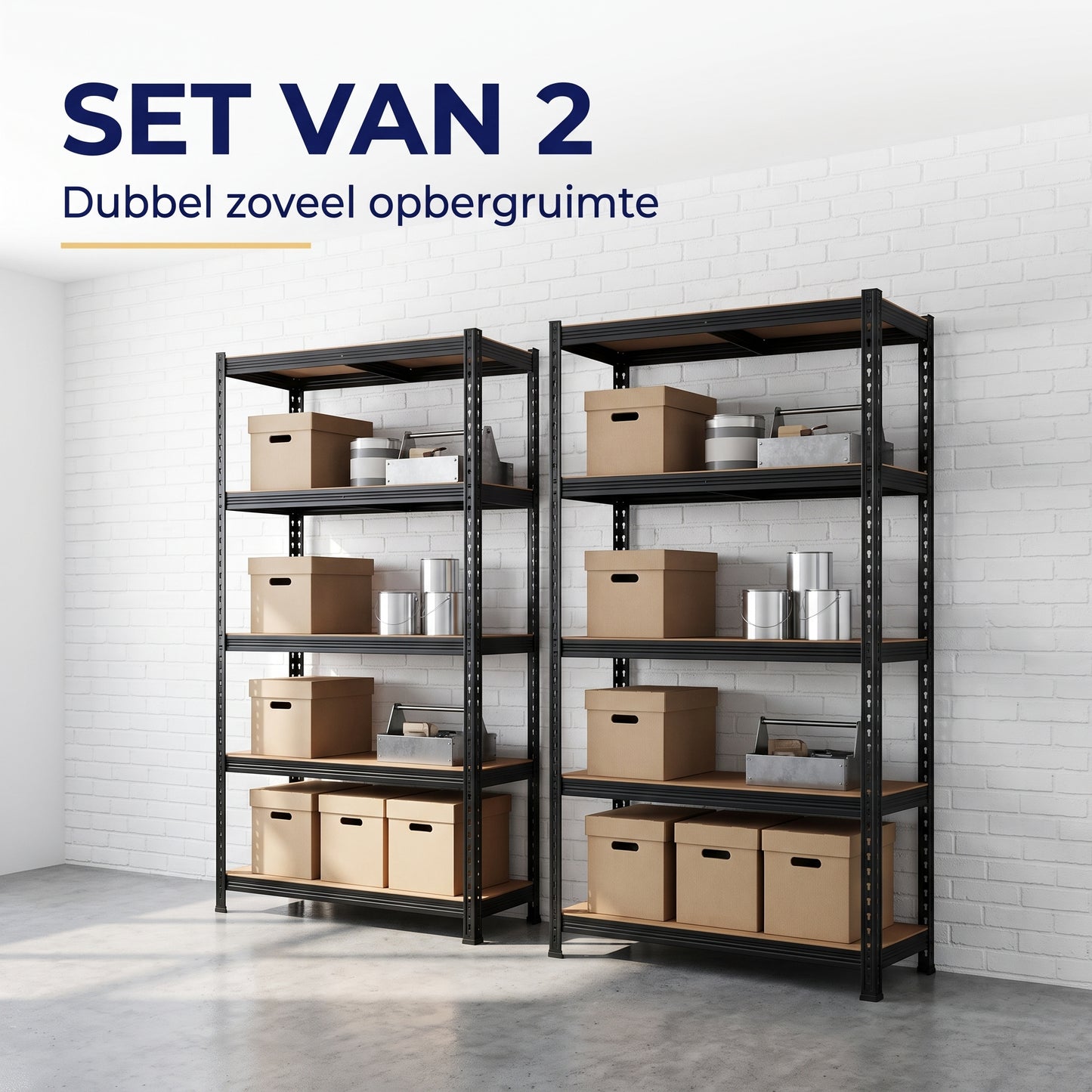 IvoQ Stellingkast Set van 2 – 180 x 90 x 40 cm – 175 kg per Plank – 5 Verstelbare MDF Planken – Zwart