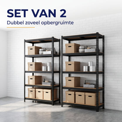 IvoQ Stellingkast Set van 2 – 180 x 90 x 40 cm – 175 kg per Plank – 5 Verstelbare MDF Planken – Zwart