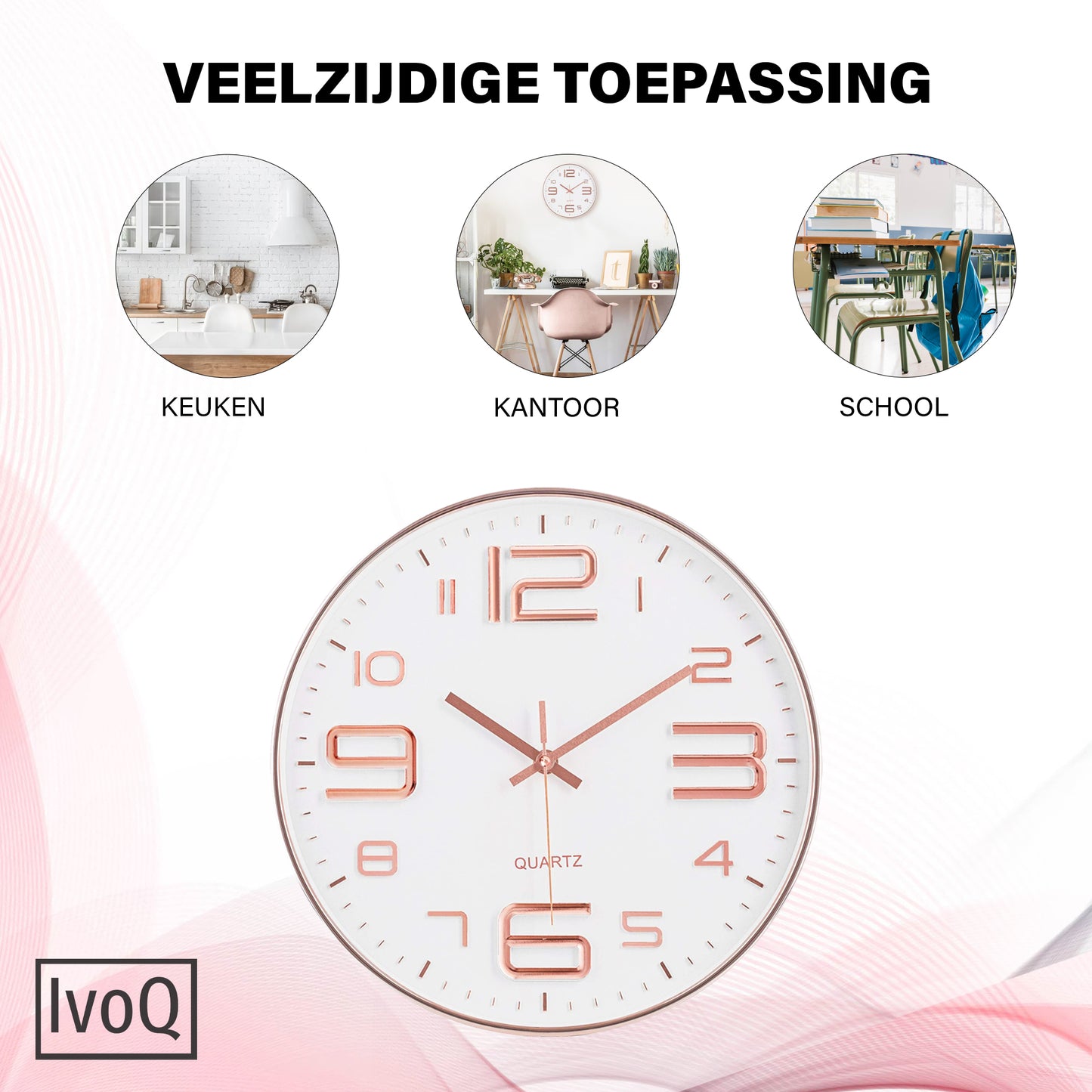 IvoQ Stijlvolle Wandklok - Elegante Witte Quartz Klok met Koperkleurige Accenten - Ideaal voor Elk Modern Interieur