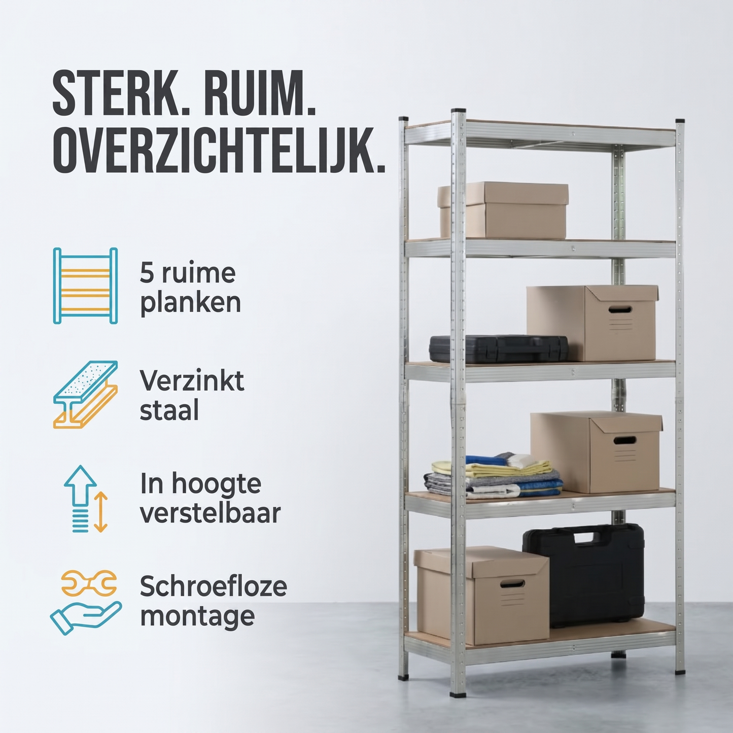 IvoQ Stellingkast – 180 x 90 x 40 cm – 5 Verstelbare Planken – 875 kg Draagvermogen – Verzinkt Staal