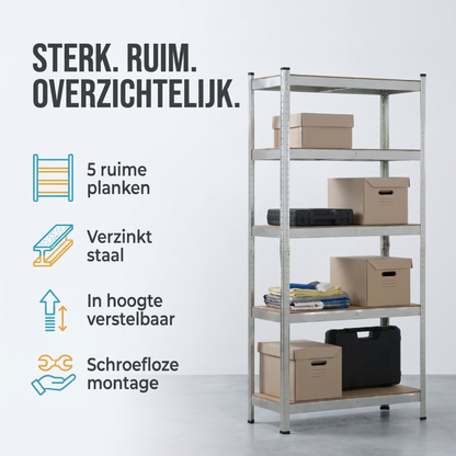 IvoQ Stellingkast – 180 x 90 x 40 cm – 5 Verstelbare Planken – 875 kg Draagvermogen – Verzinkt Staal