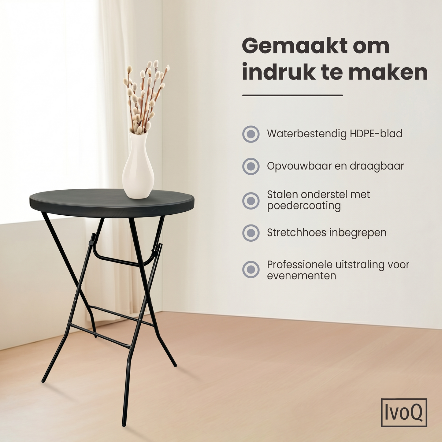 IvoQ Statafel Zwart – Inclusief Zwarte Stretchhoes – Ø80 cm x 110 cm – Opvouwbaar – Partytafel voor Feest, Tuin & Event