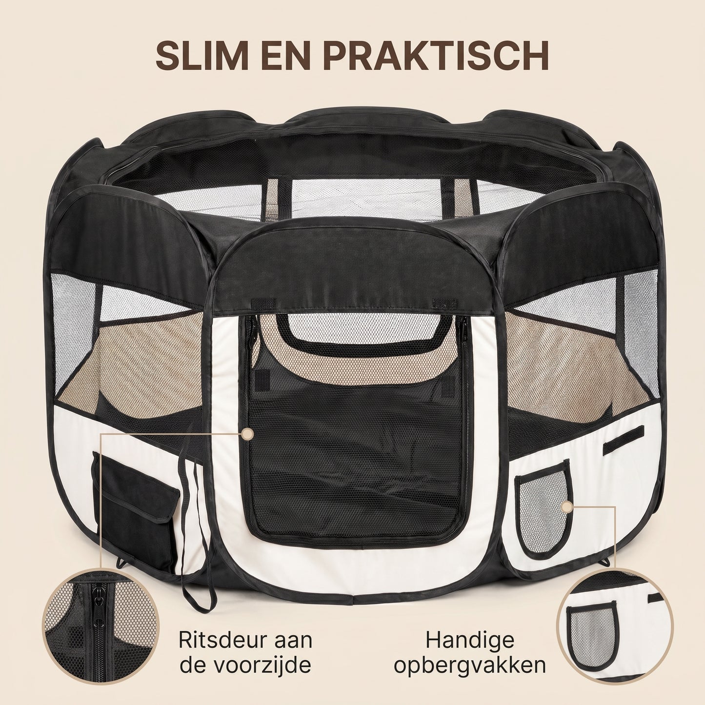 IvoQ Opvouwbare Puppyren met Dak – 114 x 114 x 58 cm – Zwart/Crème