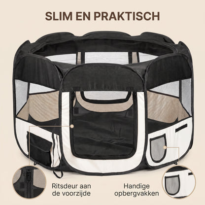 IvoQ Opvouwbare Puppyren met Dak – 114 x 114 x 58 cm – Zwart/Crème