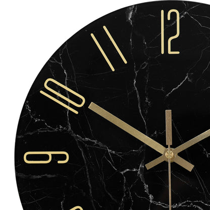 IvoQ Zwarte Marmerlook Wandklok met Gouden Details Glas Ø 30 cm