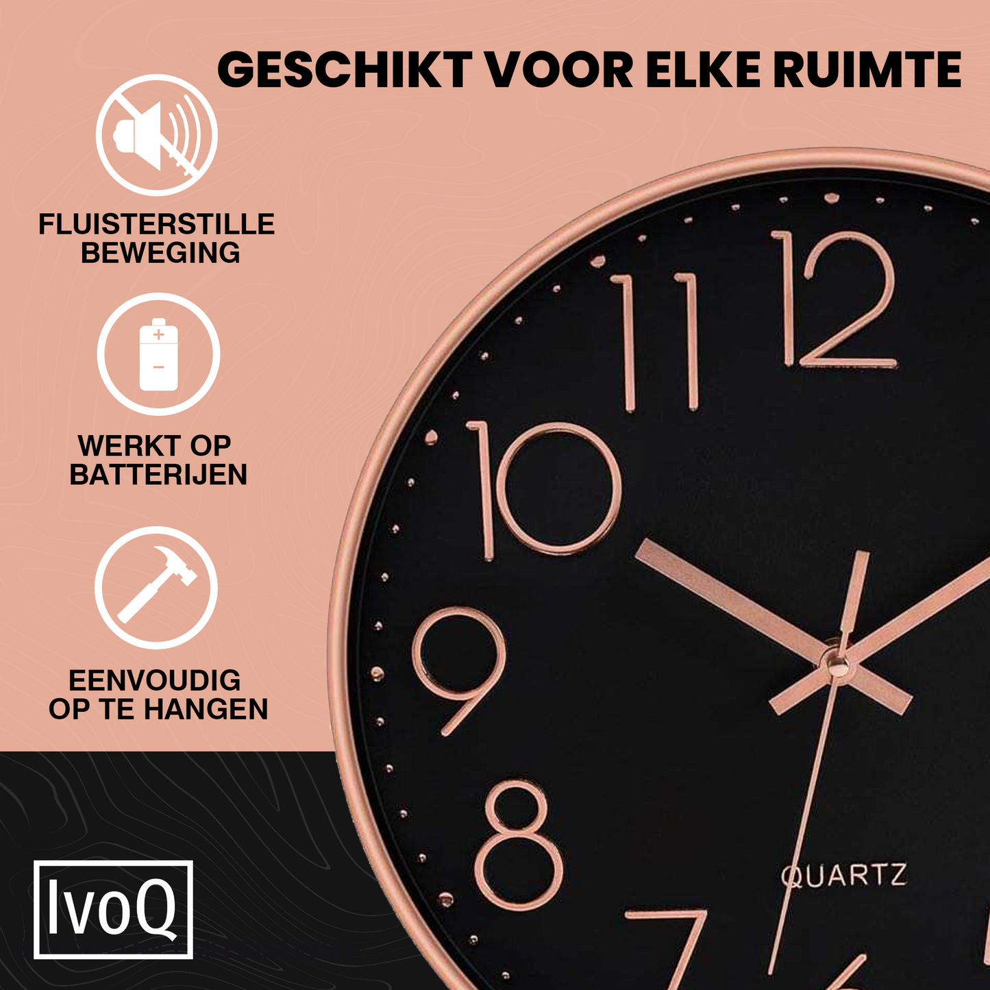 IvoQ Moderne Wandklok – Stijlvol Zwart met Koperaccent – Ø 30 cm