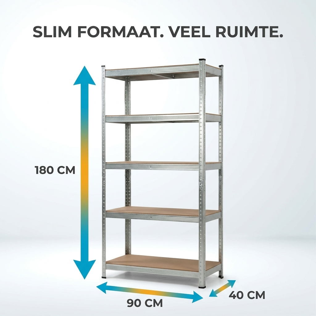 IvoQ Stellingkast – 180 x 90 x 40 cm – 5 Verstelbare Planken – 875 kg Draagvermogen – Verzinkt Staal