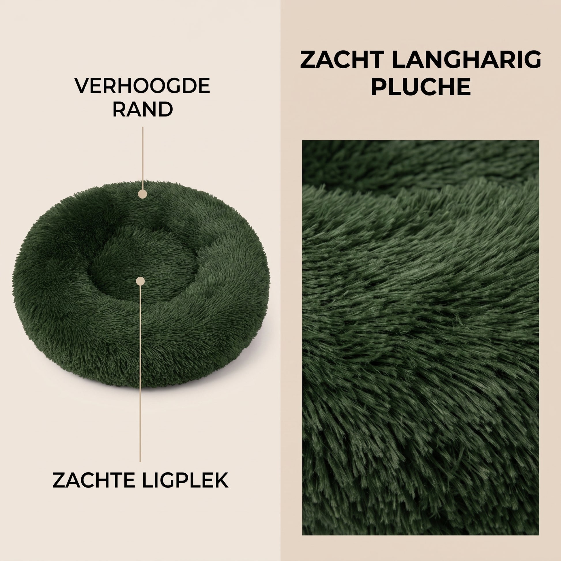 IvoQ Donut Hondenmand & Kattenmand – Ø 50 cm – Zacht Pluche Huisdierenbed – Donkergroen – Voor Katten en Kleine Honden