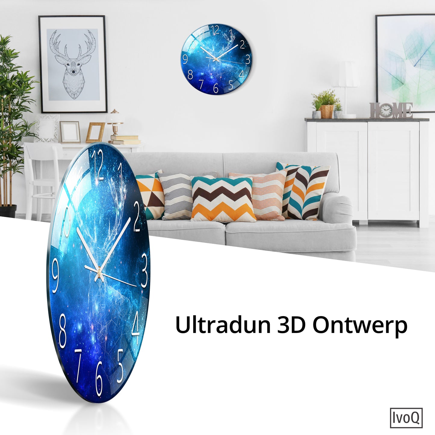 IvoQ Stille Wandklok Blauw – Blauwe Sterrenhemel – Ø 30 cm – Modern 3D Design