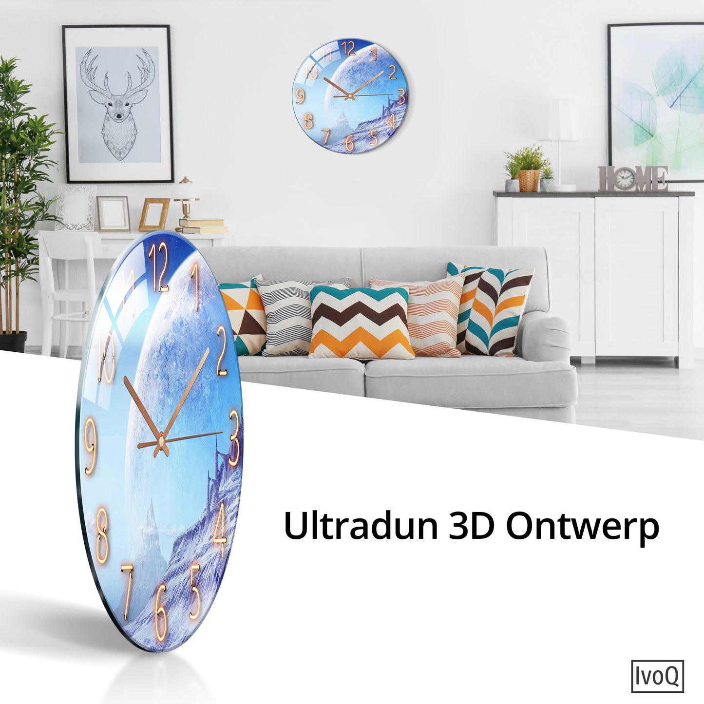 IvoQ Wandklok Uniek Blauw Maan Design – 30 cm – Stille Kwarts Klok – Voor Thuis & Kantoor