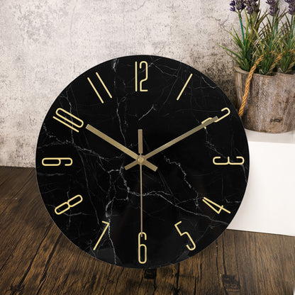 IvoQ Zwarte Marmerlook Wandklok met Gouden Details Glas Ø 30 cm