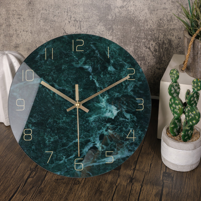 IvoQ Moderne Wandklok - Groen Marmerlook - 30 cm - Stijlvol Glas