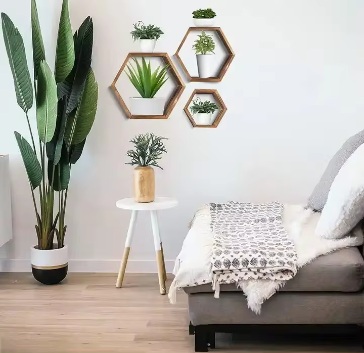 IvoQ Set van 3 Houten Hexagon Wandplanken - Decoratieve Wandplanken - Perfect voor Woonkamer, Slaapkamer & Meer!