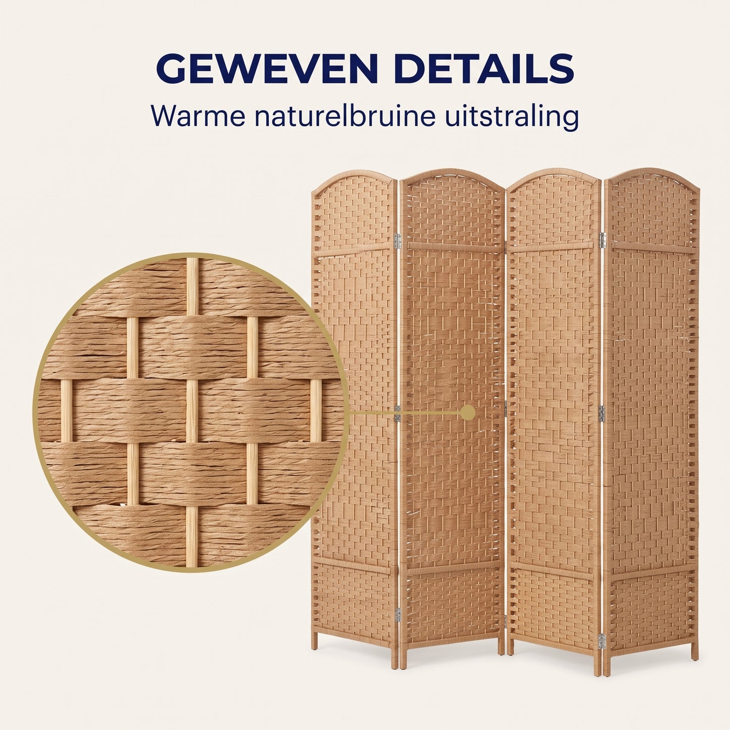 IvoQ Kamerscherm – 4 Panelen – 170 x 160 cm – Opvouwbare Roomdivider – Naturel Bruin