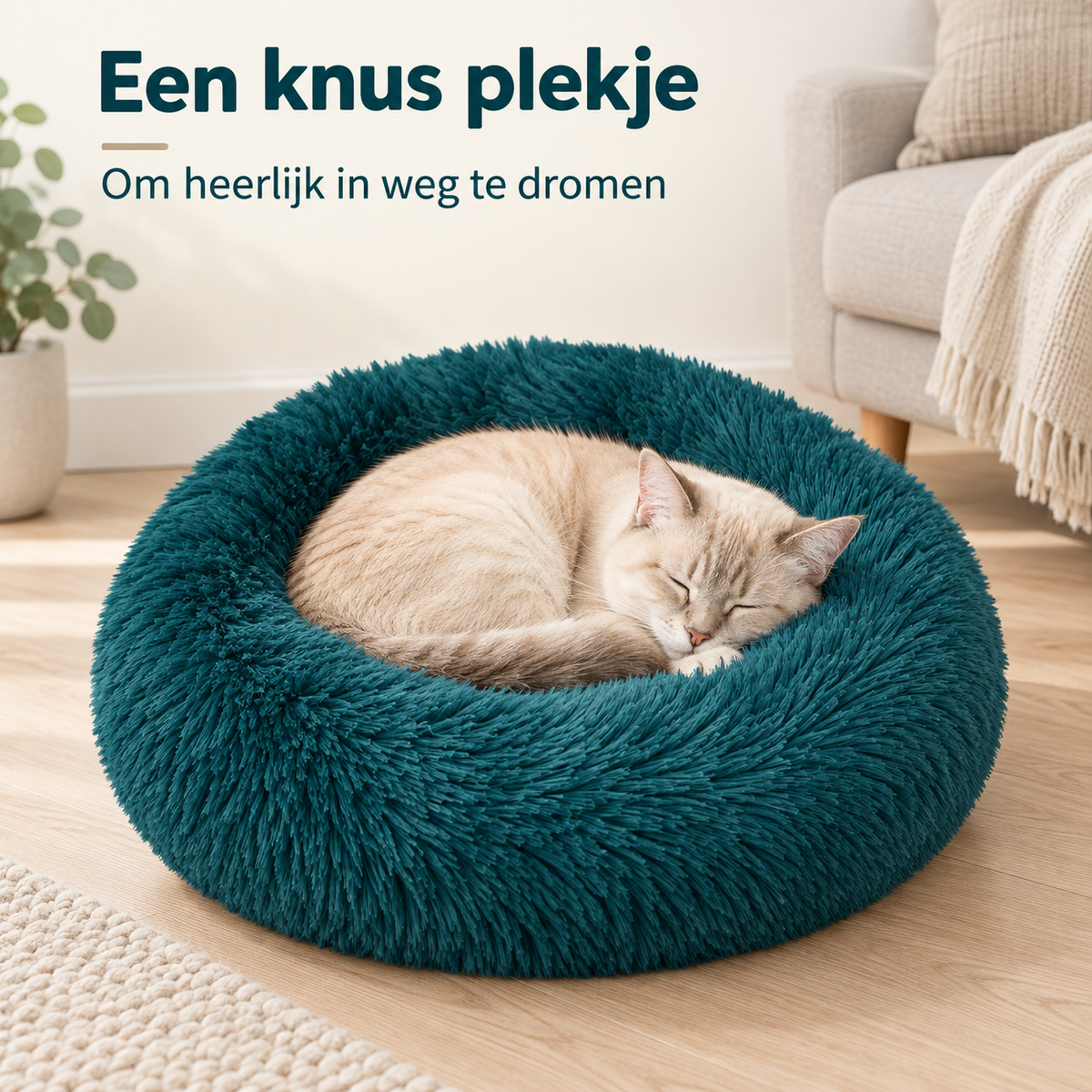 IvoQ Hondenmand Donut - Kattenmand - Zacht Pluche - Verhoogde Rand - Ø 50 cm - Petrolblauw