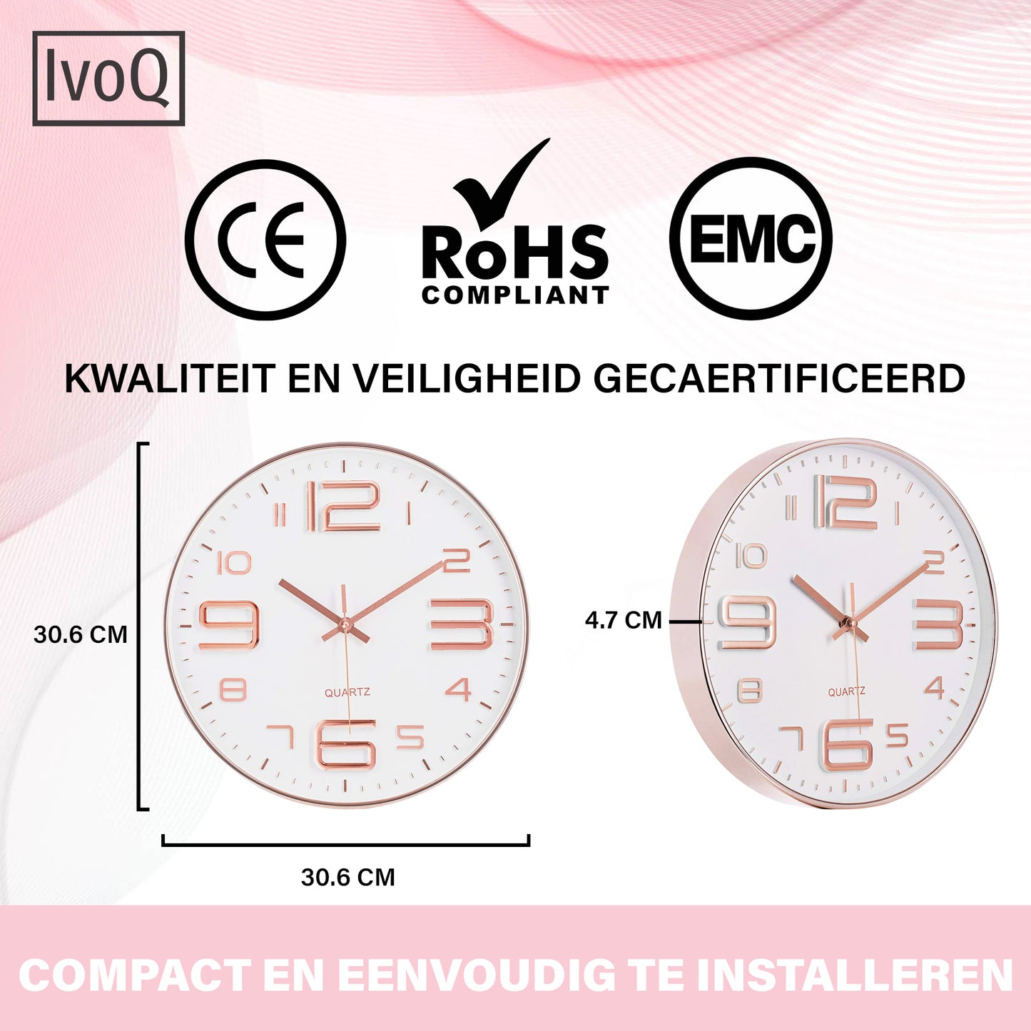 IvoQ Stijlvolle Wandklok - Elegante Witte Quartz Klok met Koperkleurige Accenten - Ideaal voor Elk Modern Interieur