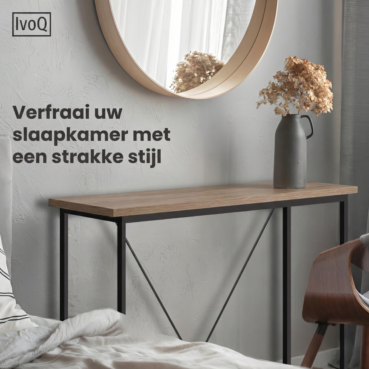 IvoQ Industriële Sidetable - Consoletafel Hout & Metaal - Smalle Haltafel - Eiken Look/Zwart - 120x23x74 cm