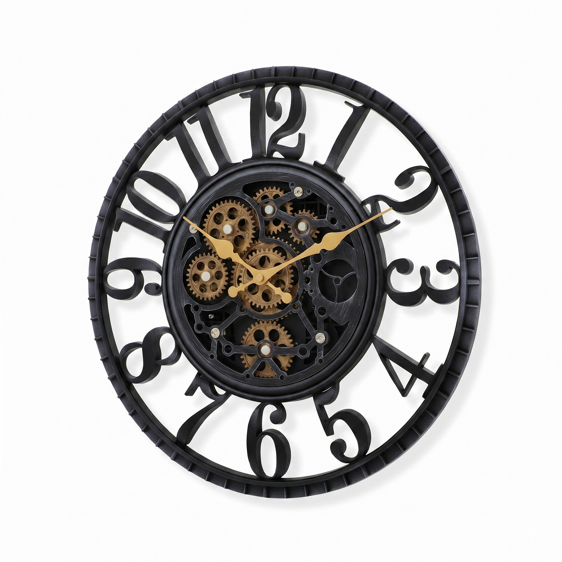 IvoQ Industriële Wandklok met Draaiende Tandwielen - Zwart & Goud - Stoere Muurklok - 40 cm