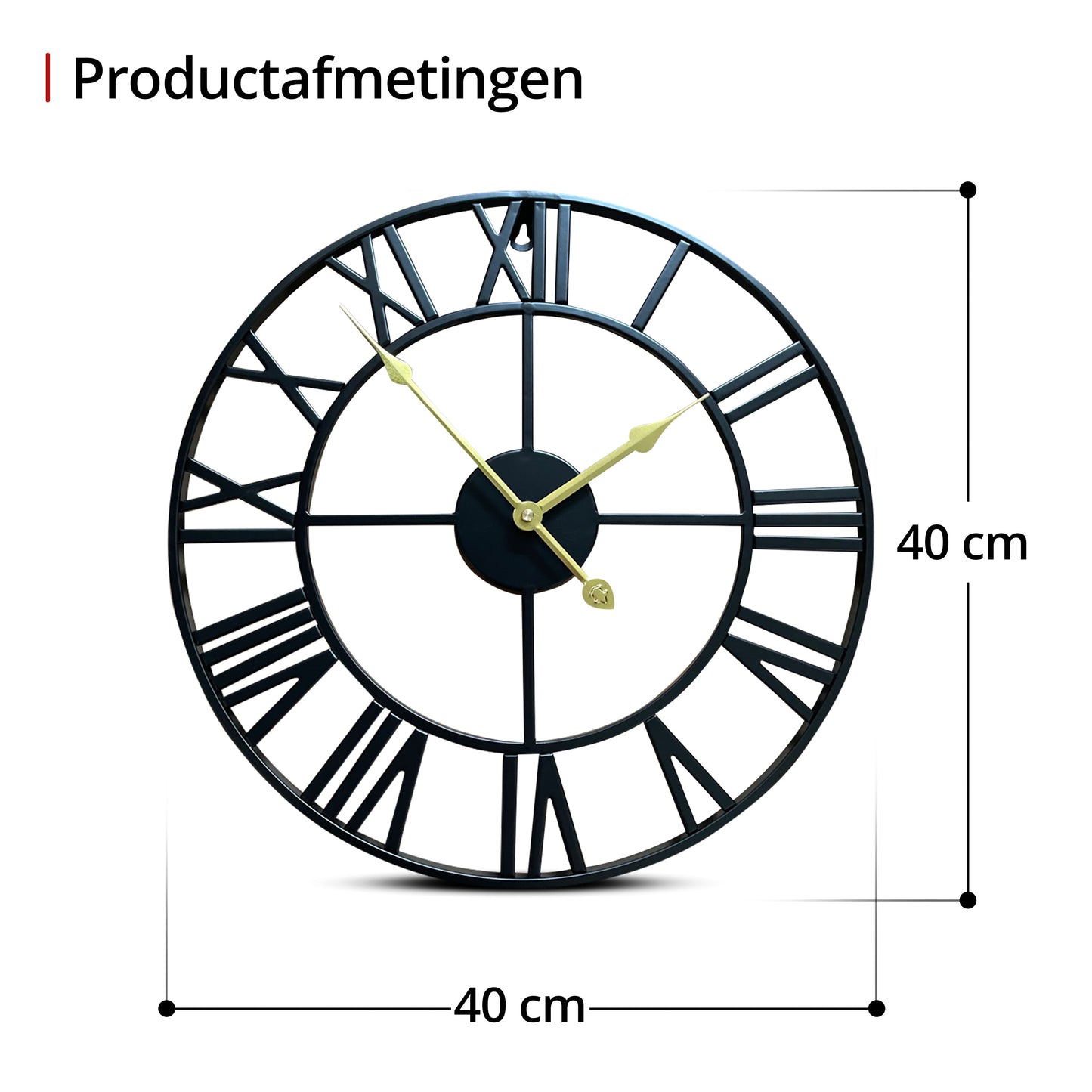 IvoQ Grote Zwarte Wandklok Metaal met Romeinse Cijfers en Gouden Wijzers – Stijlvol Tijdloos Design - 40 cm