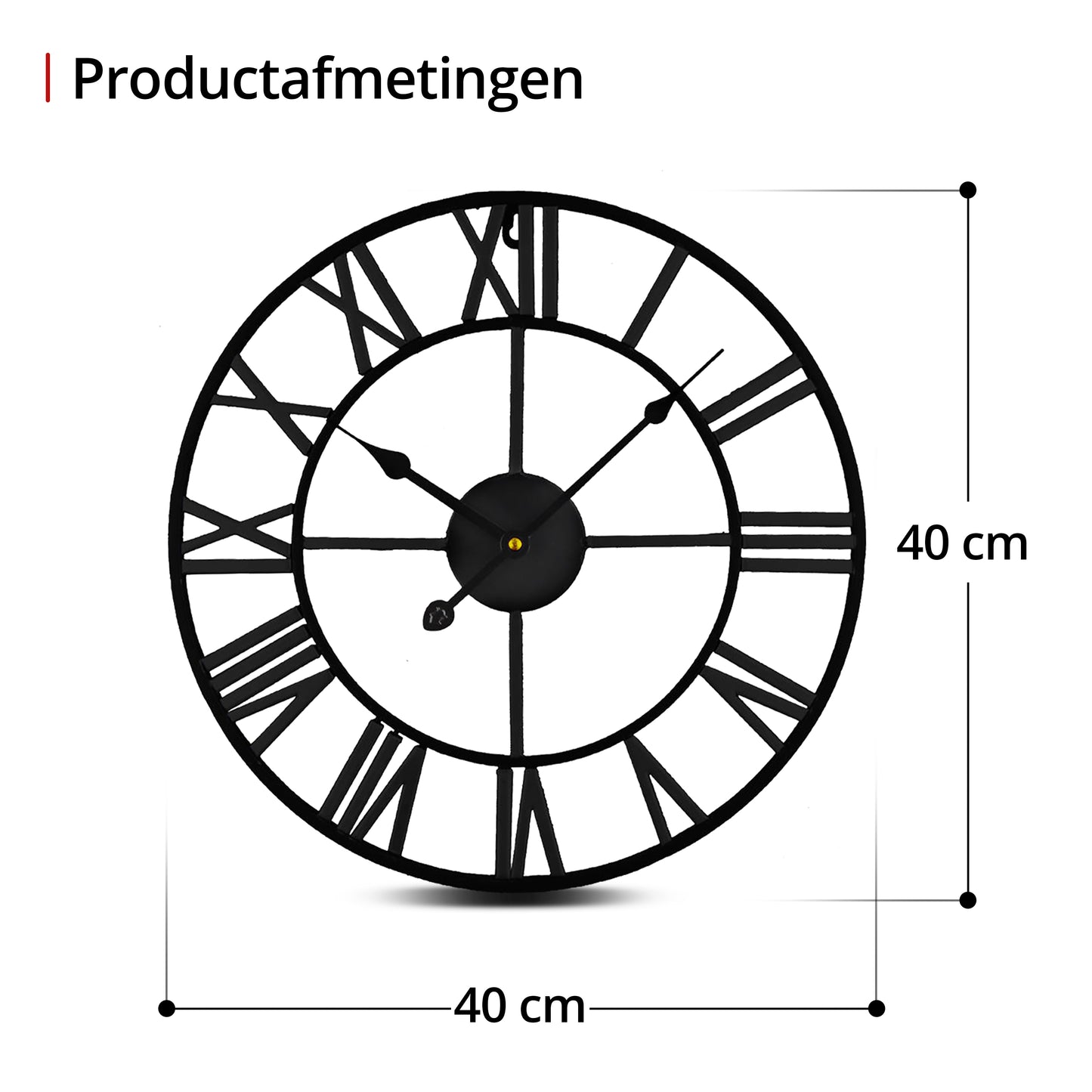 IvoQ Grote Zwarte Wandklok Metaal met Romeinse Cijfers - Stijlvol Tijdloos Design - 40 cm