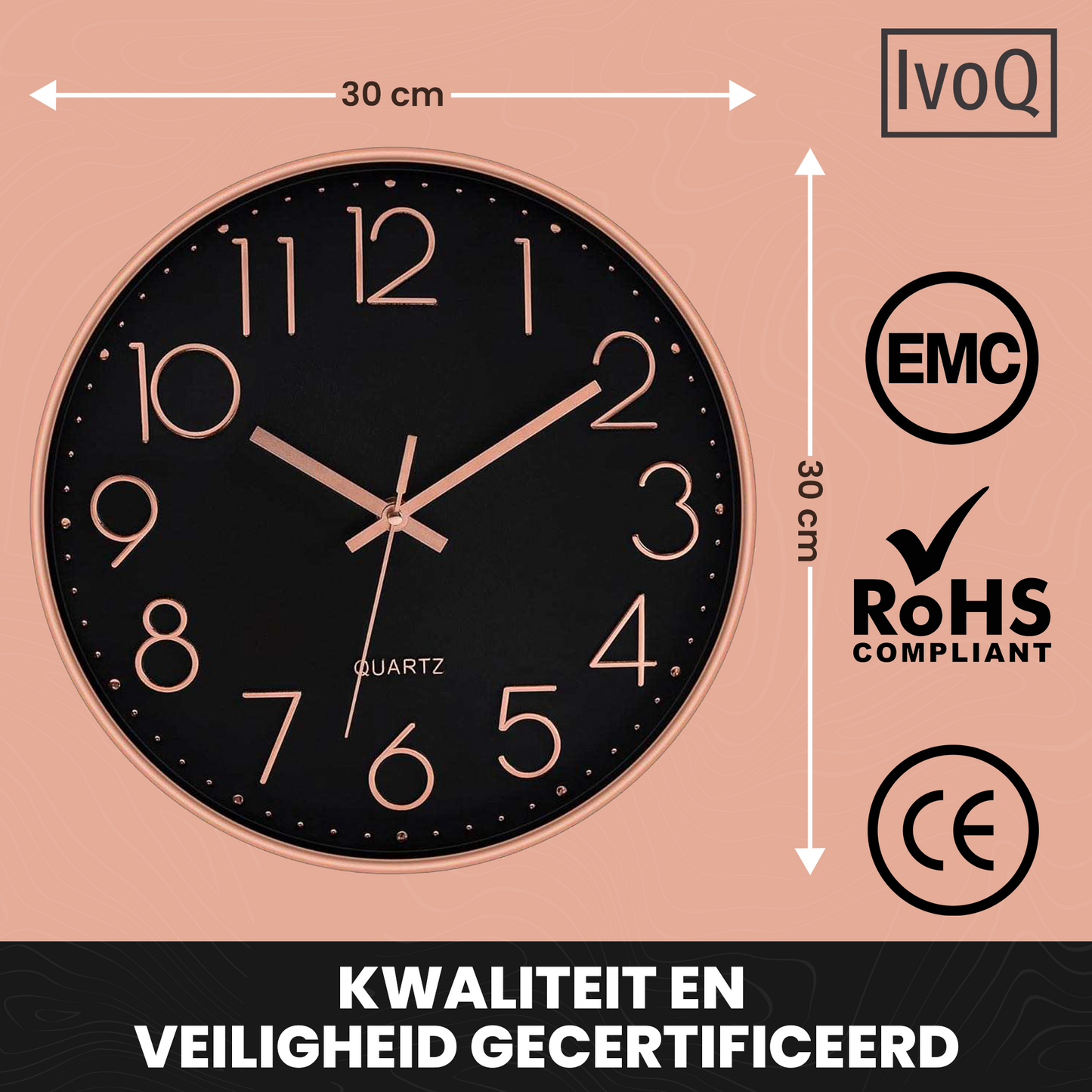 IvoQ Moderne Wandklok – Stijlvol Zwart met Koperaccent – Ø 30 cm