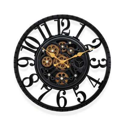 IvoQ Industriële Wandklok met Draaiende Tandwielen - Zwart & Goud - Stoere Muurklok - 40 cm