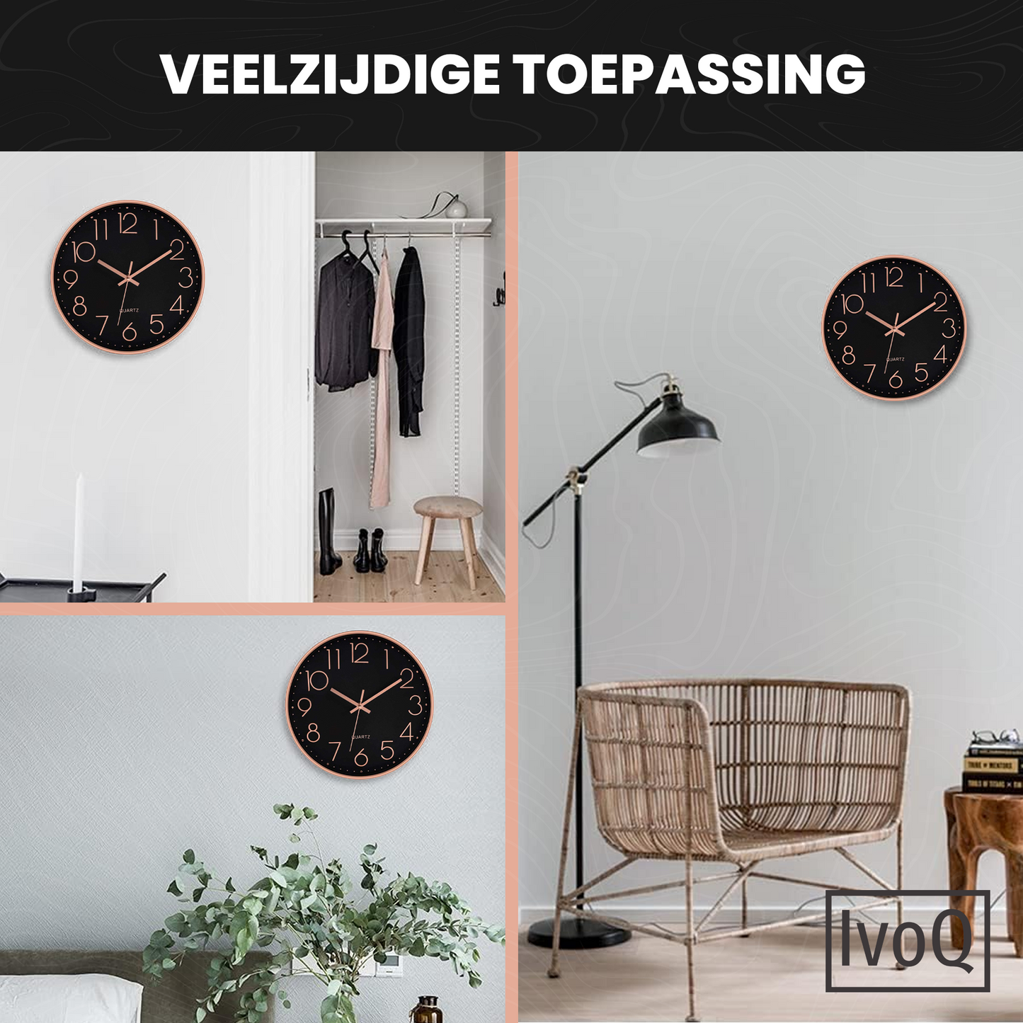 IvoQ Moderne Wandklok – Stijlvol Zwart met Koperaccent – Ø 30 cm