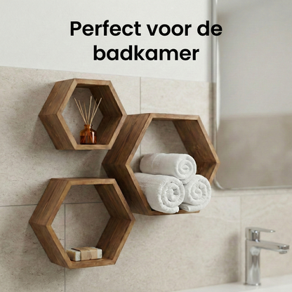 IvoQ Wandplanken Hexagon Set 3 stuks Bruin