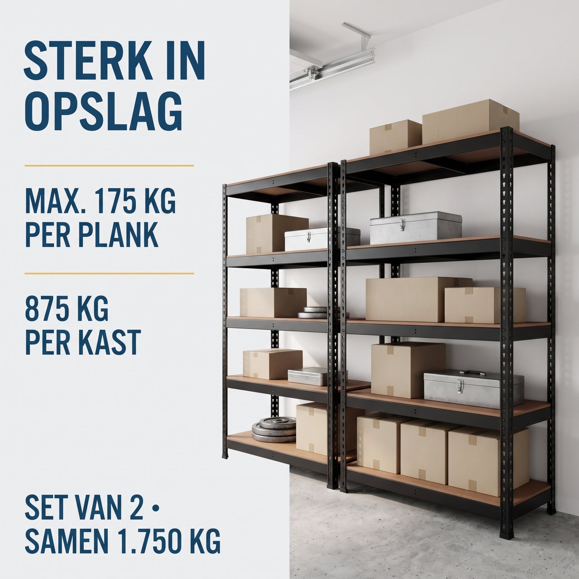 IvoQ Stellingkast Set van 2 – 180 x 90 x 40 cm – 175 kg per Plank – 5 Verstelbare MDF Planken – Zwart