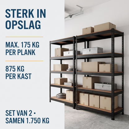 IvoQ Stellingkast Set van 2 – 180 x 90 x 40 cm – 175 kg per Plank – 5 Verstelbare MDF Planken – Zwart