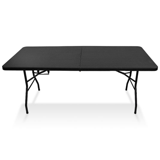 IvoQ Inklapbare Tafel – 180 cm – Rattan Look – Zwart – Campingtafel – Opvouwbaar & Draagbaar – Tuintafel – Vouwtafel