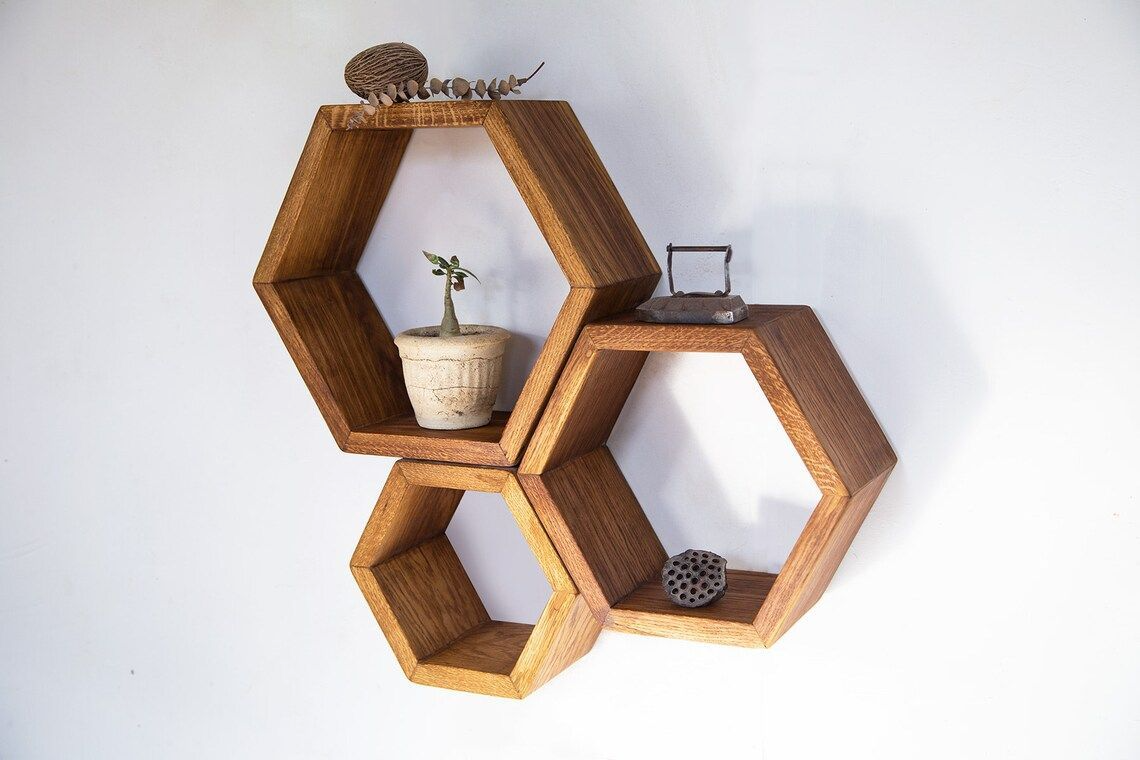 IvoQ Set van 3 Houten Hexagon Wandplanken - Decoratieve Wandplanken - Perfect voor Woonkamer, Slaapkamer & Meer!