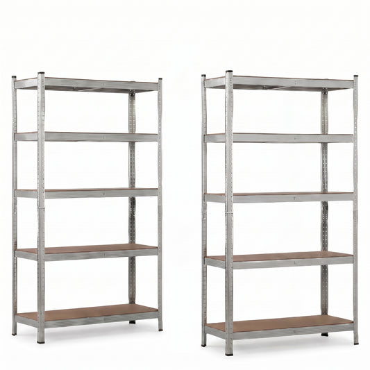 IvoQ Stellingkasten Set van 2 – 180 x 90 x 40 cm – Gegalvaniseerd Metaal – 5 MDF Legplanken – Voor Garage en Schuur