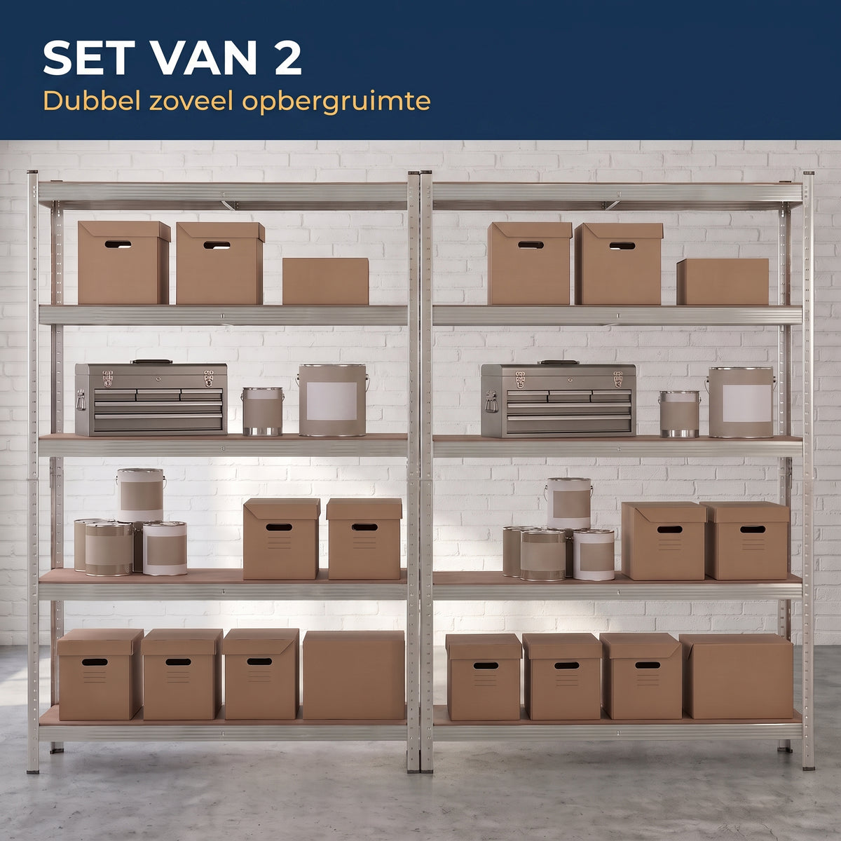 IvoQ Stellingkasten Set van 2 – 180 x 90 x 40 cm – Gegalvaniseerd Metaal – 5 MDF Legplanken – Voor Garage en Schuur