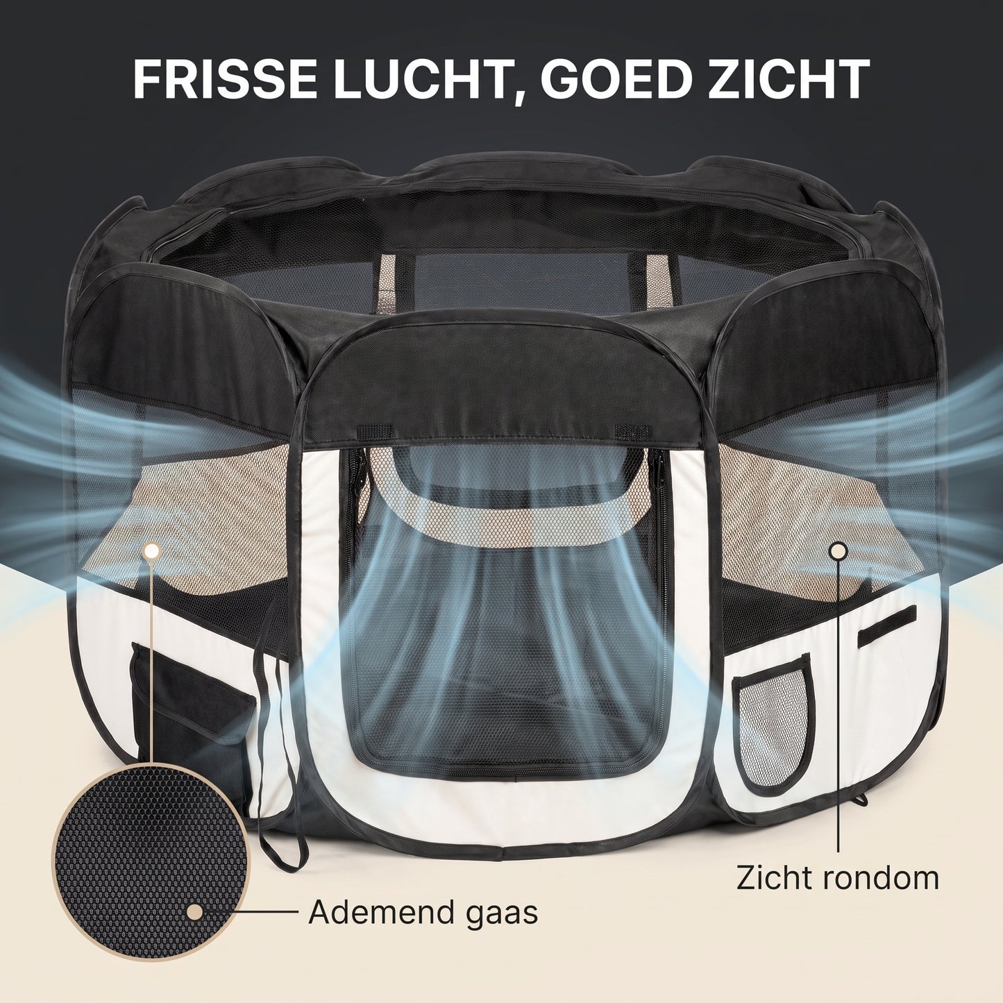 IvoQ Opvouwbare Puppyren met Dak – 114 x 114 x 58 cm – Zwart/Crème