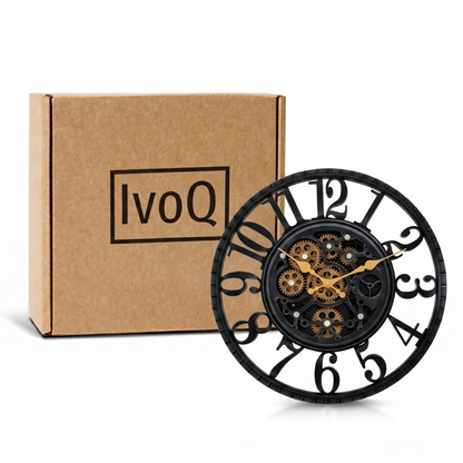 IvoQ Industriële Wandklok met Draaiende Tandwielen - Zwart & Goud - Stoere Muurklok - 40 cm