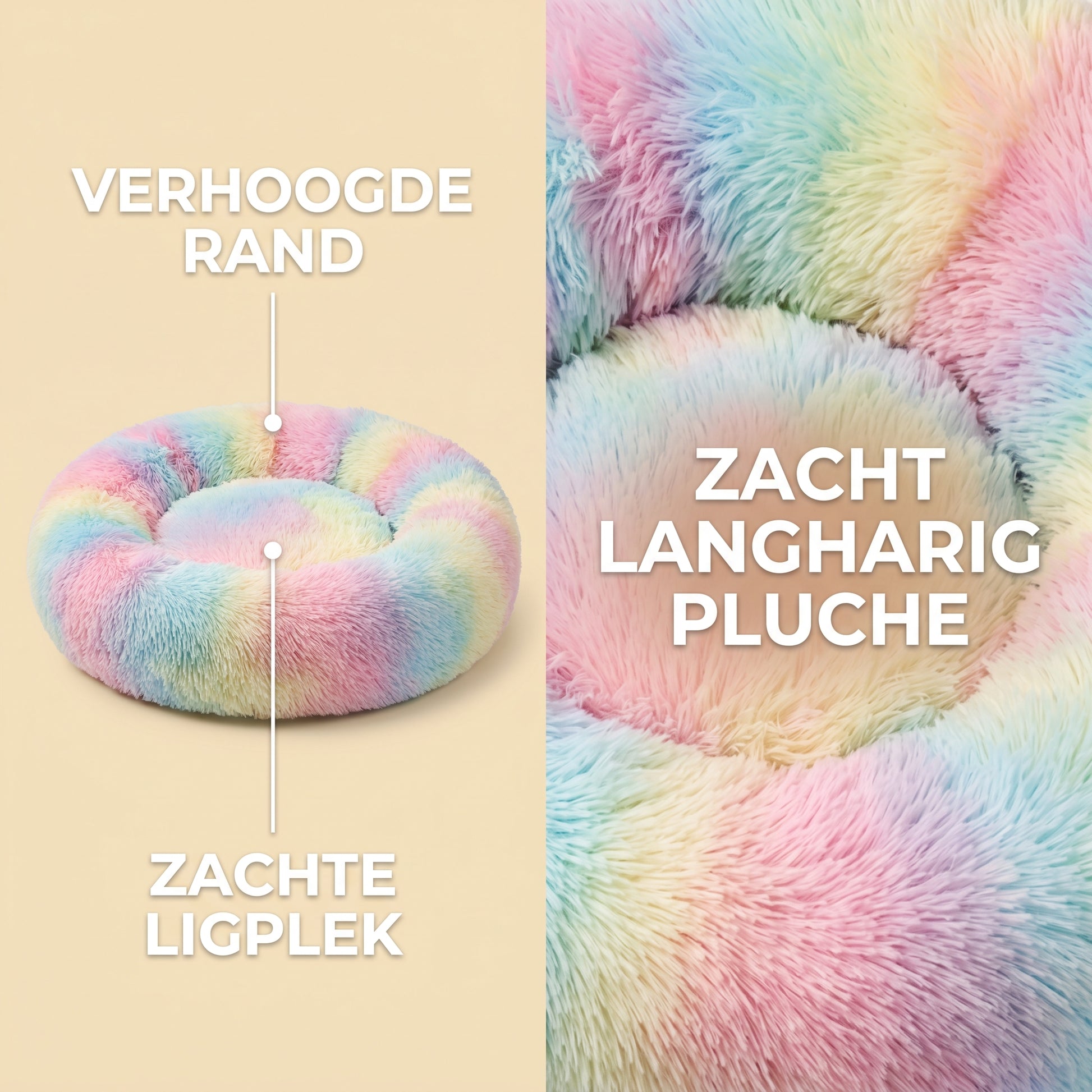 IvoQ Donut Kattenmand – Ø 40 cm – Zacht Pluche Kattenbed voor Katten en Kleine Honden – Regenboog