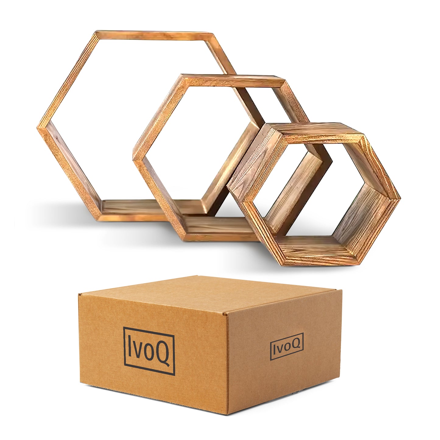 IvoQ Set van 3 Houten Hexagon Wandplanken - Decoratieve Wandplanken - Perfect voor Woonkamer, Slaapkamer & Meer!