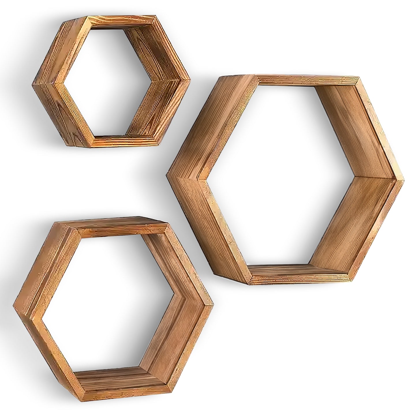 IvoQ Set van 3 Houten Hexagon Wandplanken - Decoratieve Wandplanken - Perfect voor Woonkamer, Slaapkamer & Meer!